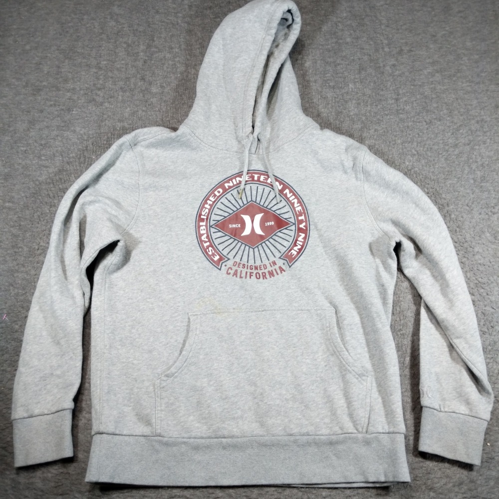 Hurley Hoodie Mens Medium Gray Graphic Pullover Sweatshirt Distressed Y2k Surf